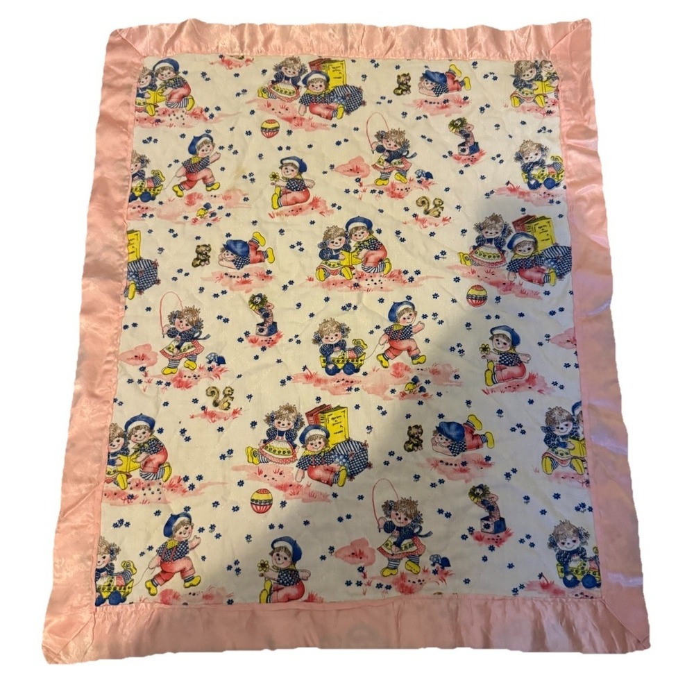 Vtg Raggedy Ann Andy Blanket Hand Made Child Baby Doll Nursery 21" X 25" Satin